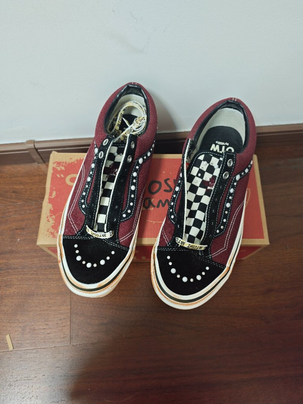 Vans Women's Burgundy and Black Slip-On Sneakers with Checkerboard Insole